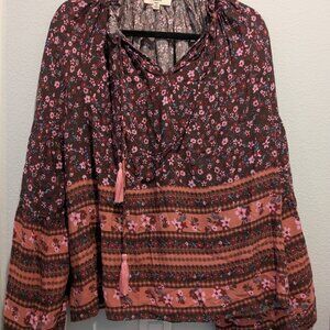 Entro Anthropologie boho long sleeve tie floral purple pink flowy blouse size M